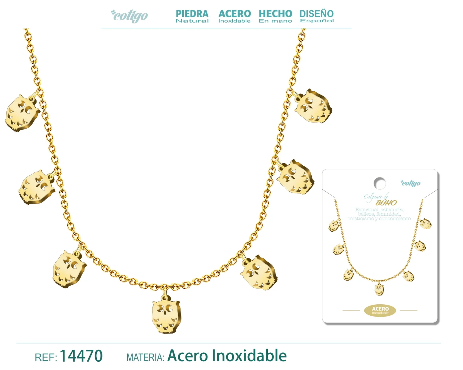 COLLAR CON 7 COLGANTE DE BUHO COLOR DORADO