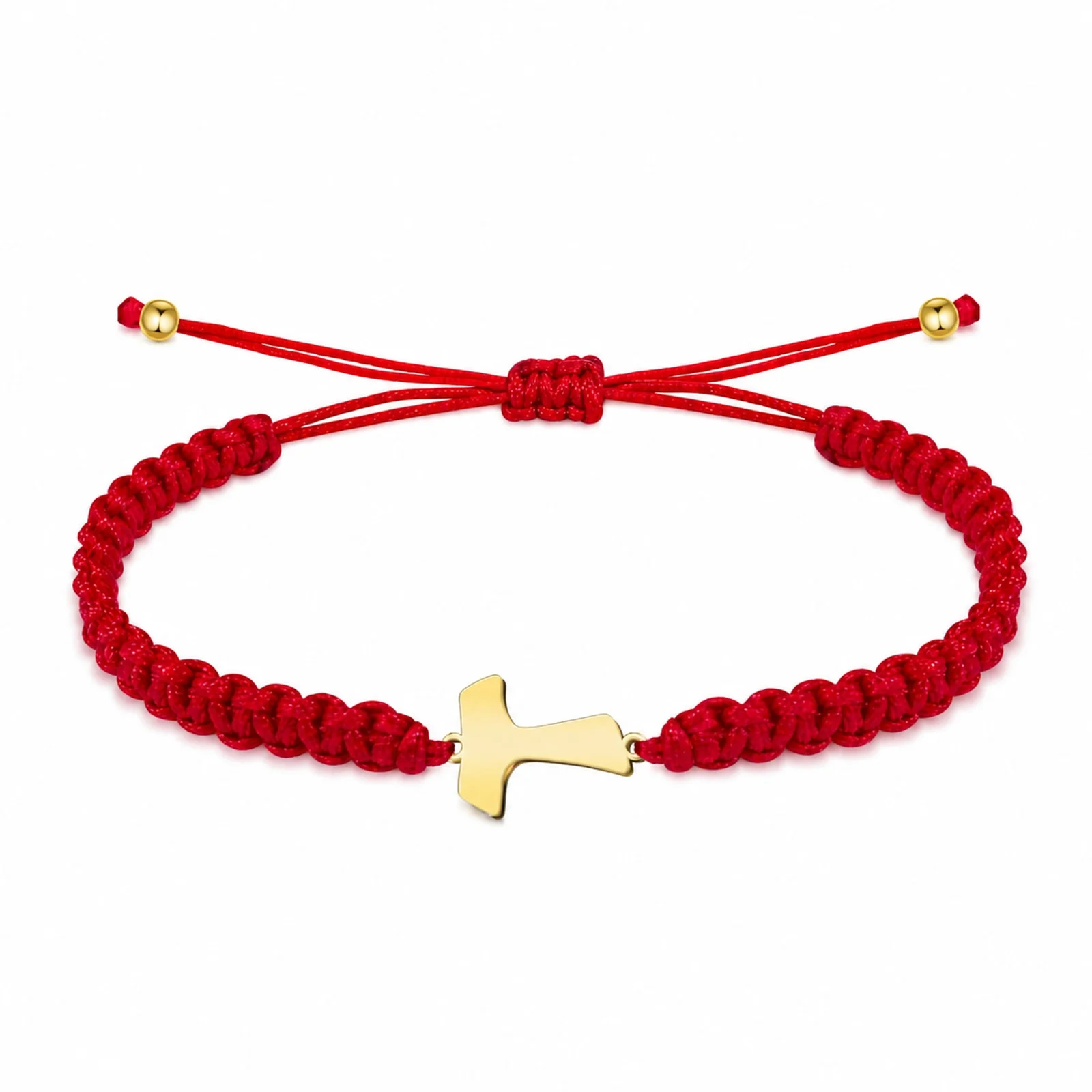 PULSERA HILO DESTINO  CON CRUZ TAU ACERO DORADO