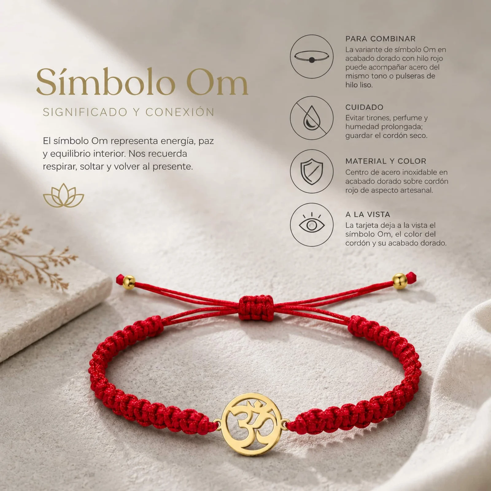 PULSERA HILO DESTINO  CON SÍMBOLO OM ACERO DORADO