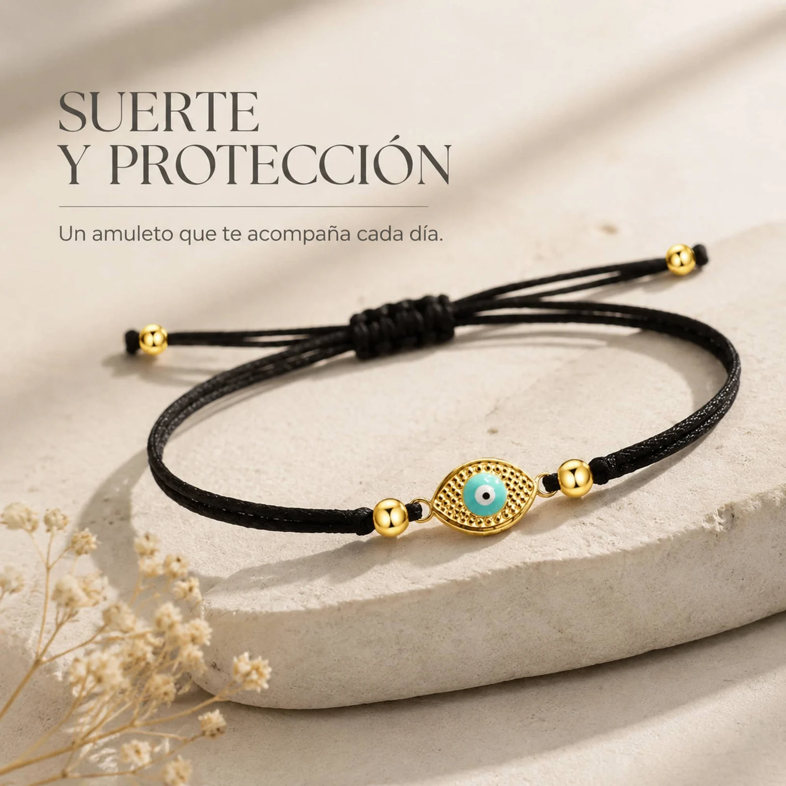 Pulsera Hilo encerado Negro CON OJO TURCO Dorado