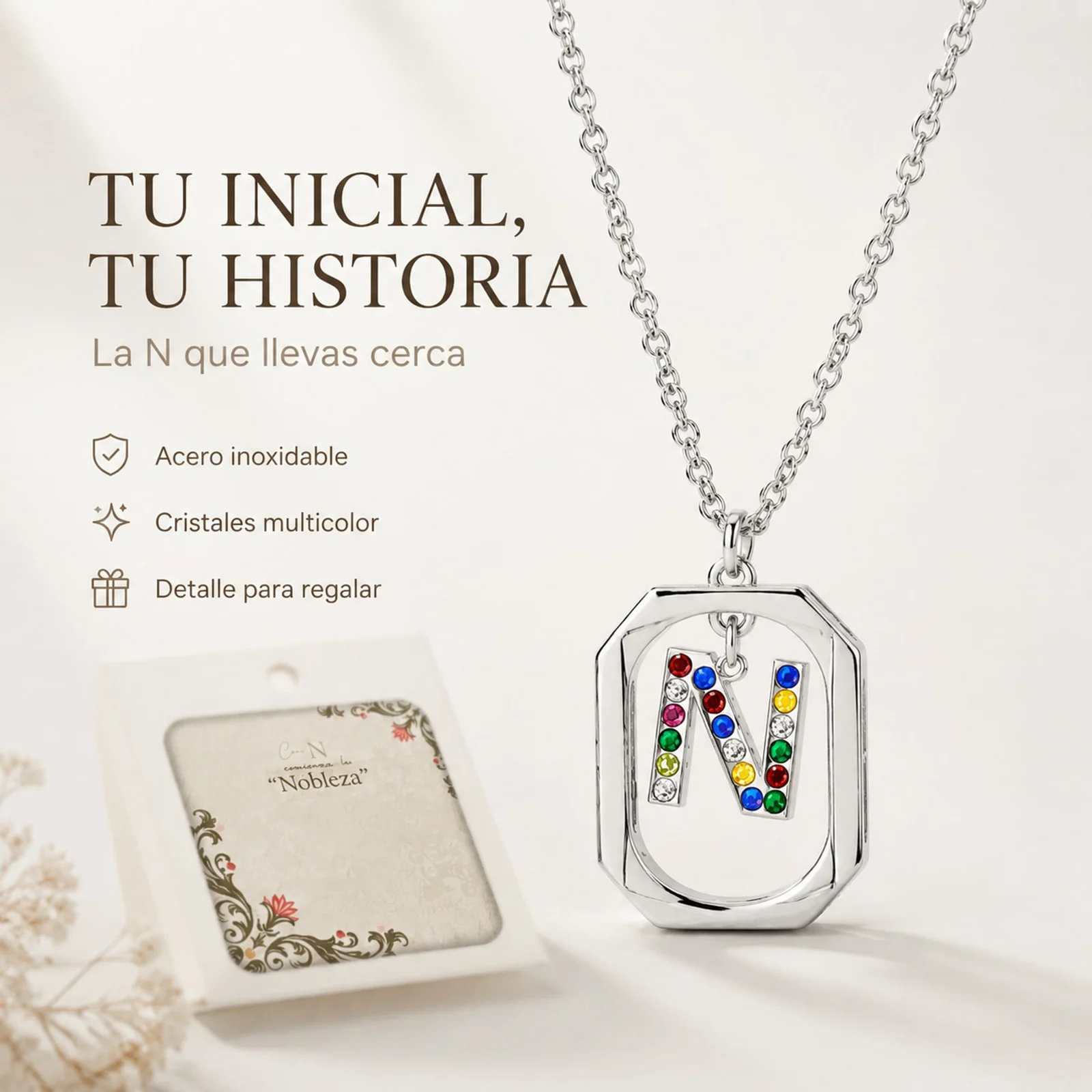 COLLAR INICIAL LETRA N ACERO CON SOBRE
