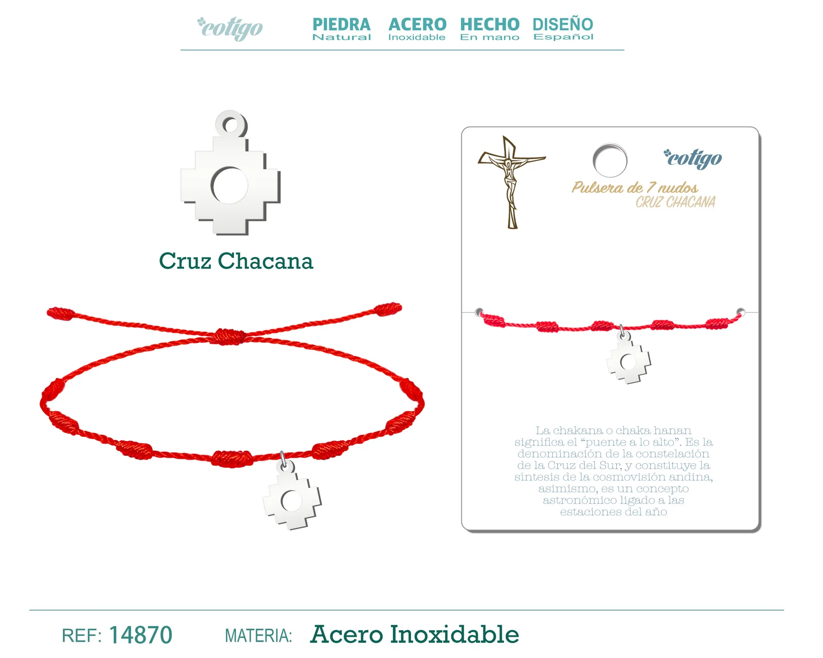 PULSERA 7 NUDOS CON CRUZ CHACANA COLOR PLATEADO