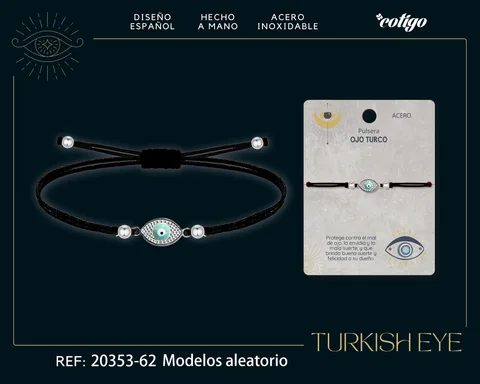 Pulsera Hilo encerado Negro CON OJO TURCO Plateado