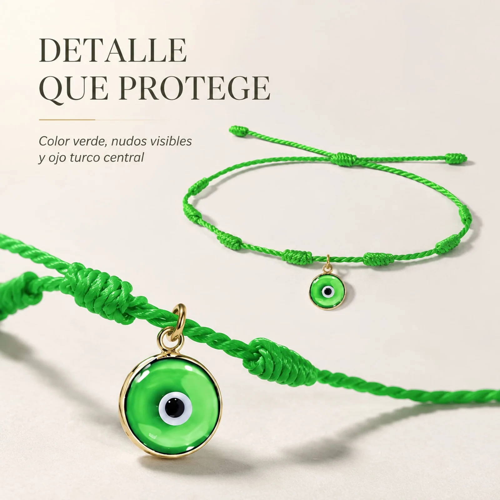 PULSERA 7 NUDOS VERDE CON COLGANTE DE OJO TURCO