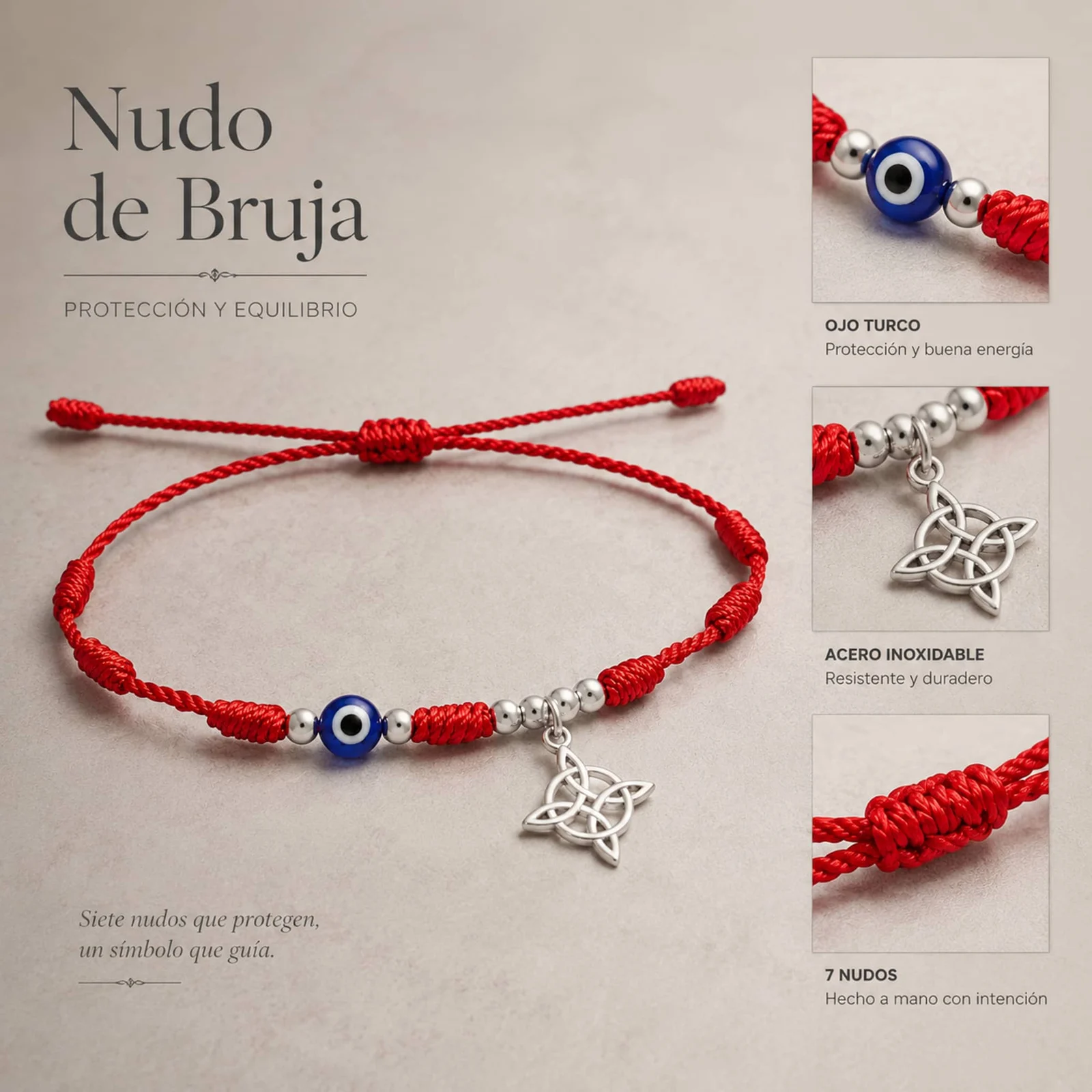 PULSERA 7 NUDOS CON OJO DE TURCO Y NUDO DE BRUJA ACERO PLATEADO