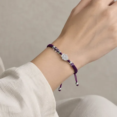 PULSERA HILO ENCERADO CON AMATISTA Y MANO DE FÁTIMA ACERO