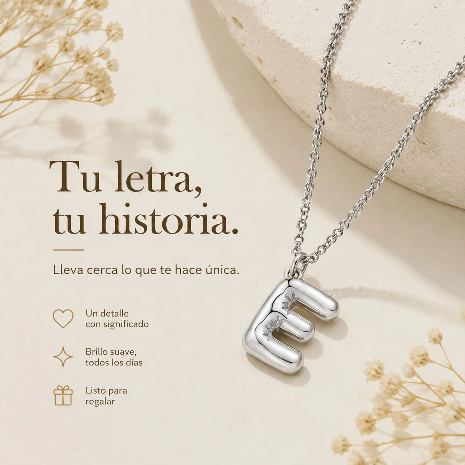 COLLAR INICIAL LETRA E ACERO CON SOBRE
