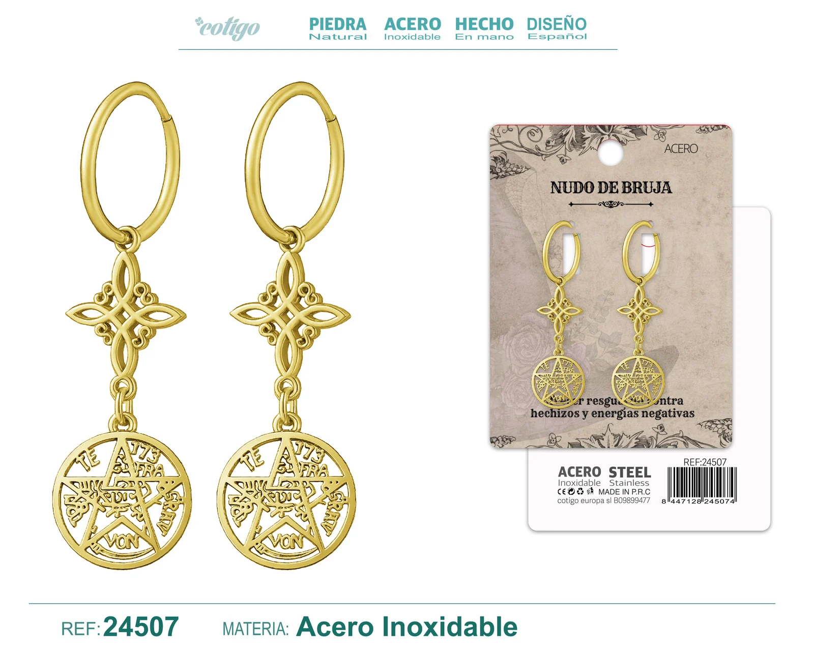 PENDIENTE NUDO DE BRUJA CON TETRAGRAMATON ACERO DORADO