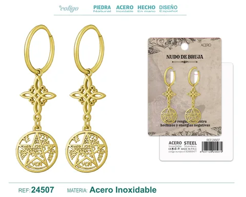 PENDIENTE NUDO DE BRUJA CON TETRAGRAMATON ACERO DORADO