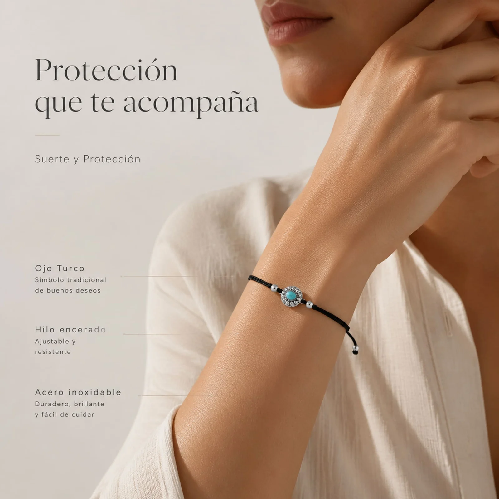 Pulsera Hilo encerado Negro CON OJO TURCO Plateado