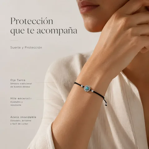 Pulsera Hilo encerado Negro CON OJO TURCO Plateado