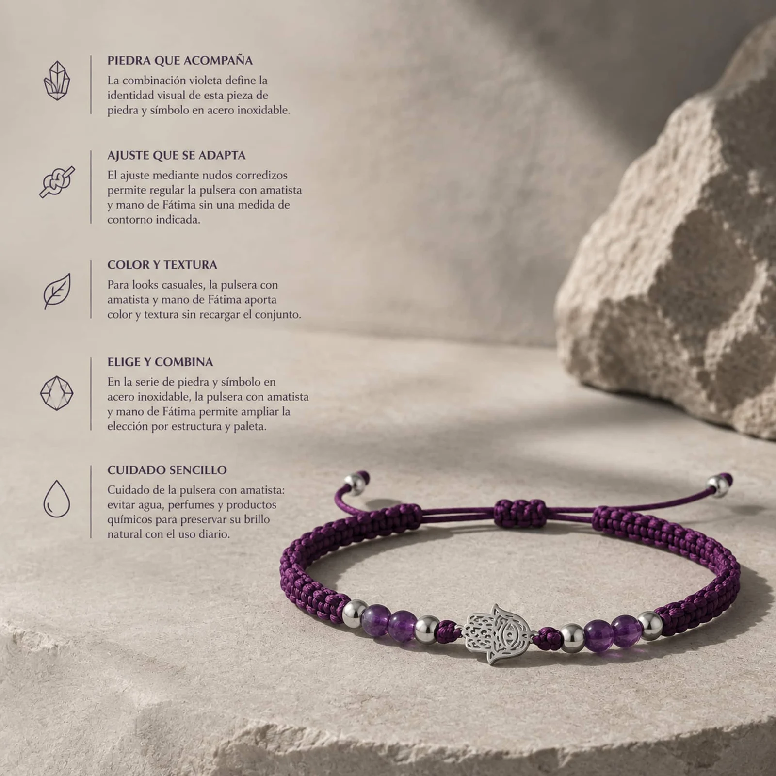 PULSERA HILO ENCERADO CON AMATISTA Y MANO DE FÁTIMA ACERO