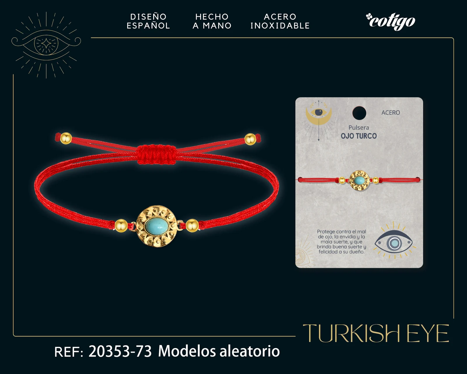 Pulsera Hilo encerado Rojo CON OJO TURCO Dorado