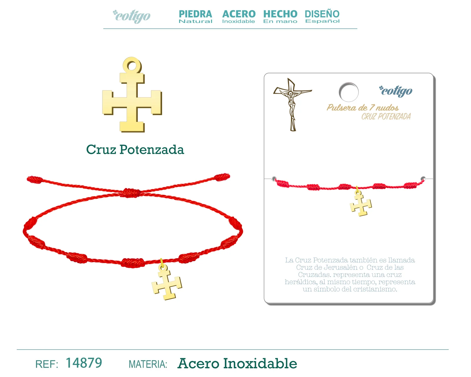 PULSERA 7 NUDOS CON CRUZ POTENZADA COLOR DORADO