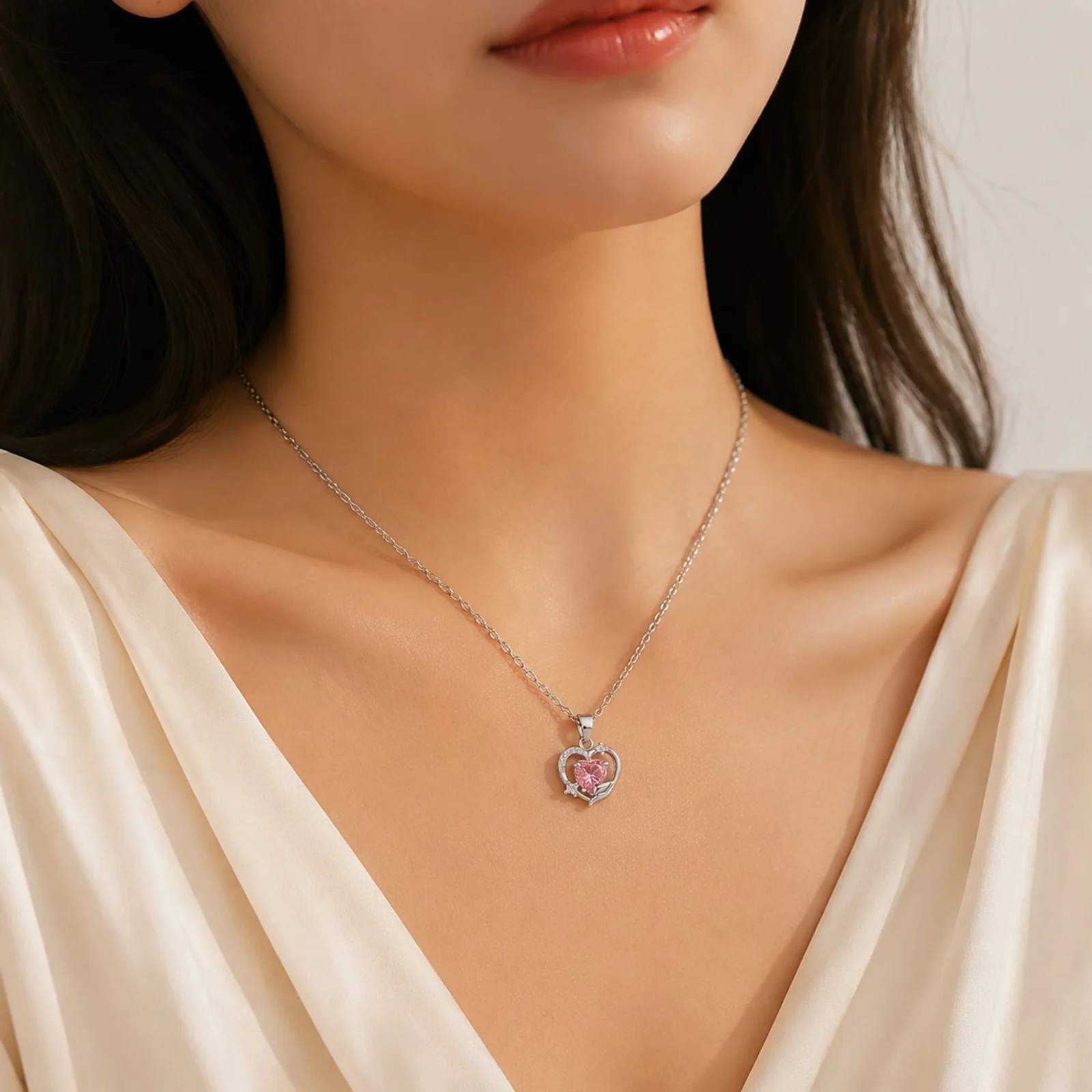 Colgangte Cobre con Circonita Colar Plateado y Cadena Acero