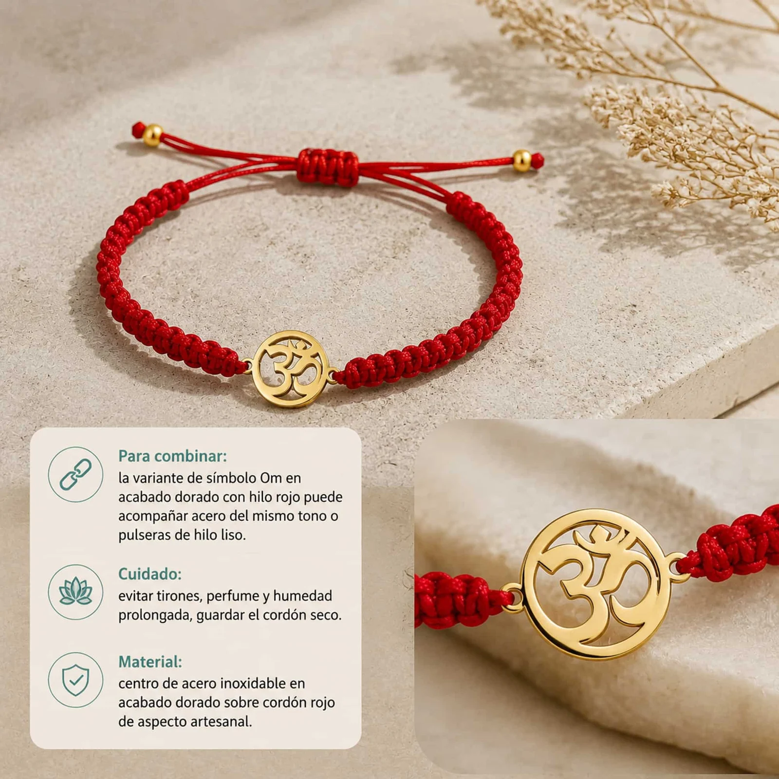 PULSERA HILO DESTINO  CON SÍMBOLO OM ACERO DORADO