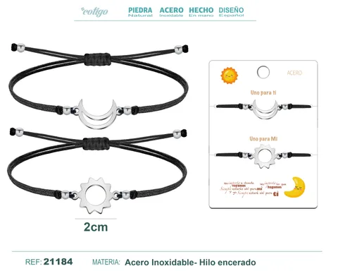 PULSERA LUNA-SOL PLATEADO HILO NEGRO
