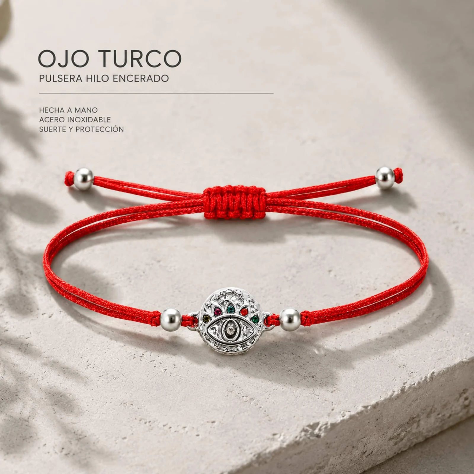 Pulsera Hilo encerado Rojo CON OJO TURCO Plateado