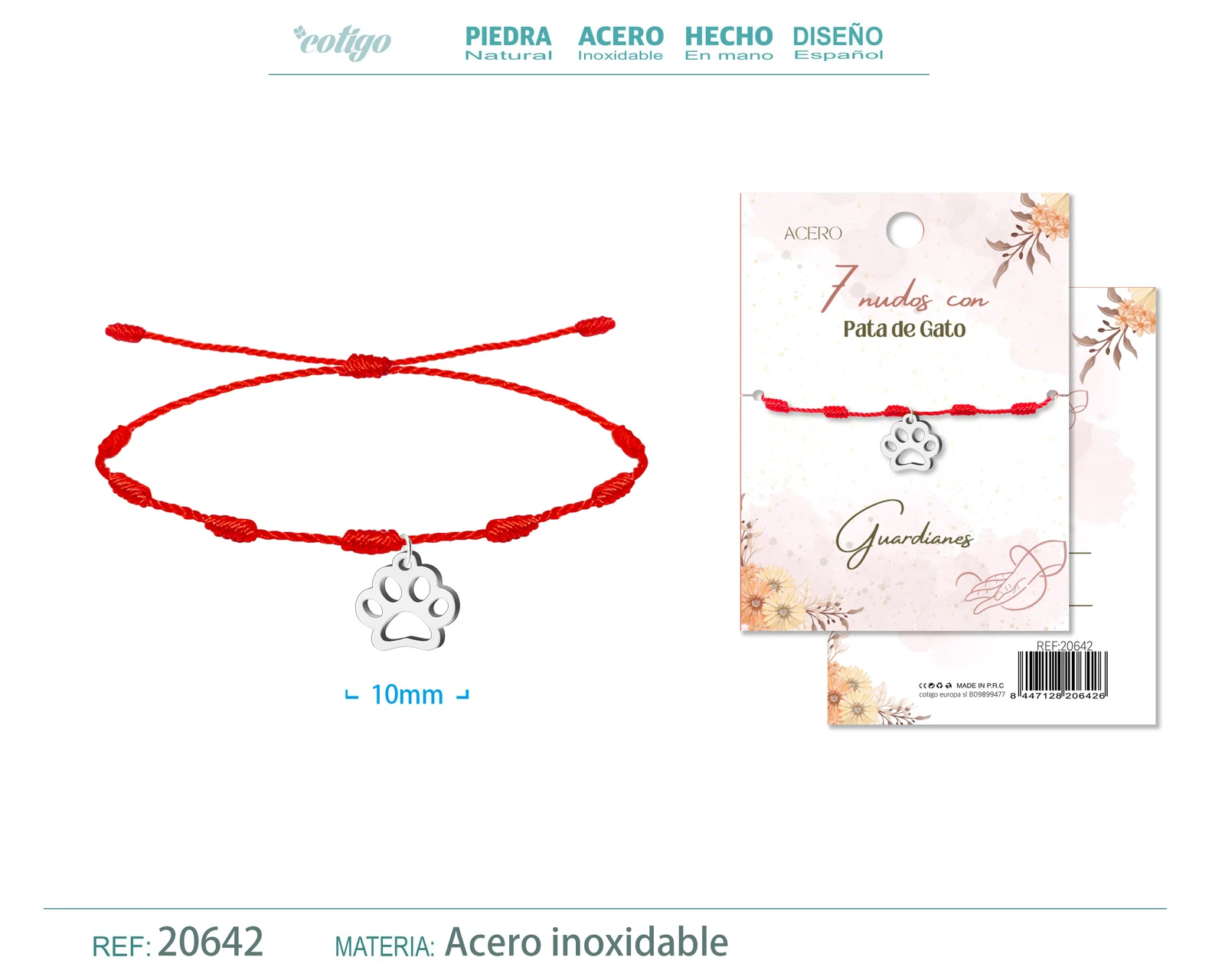 PULSERA 7 NUDOS CON PATA DE GATO COLOR PLATEADO