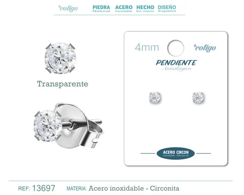 PENDIENTE CIRCONITA REDONDO-TRANSPARENTE-4MM-BASE ACERO PLATEADO