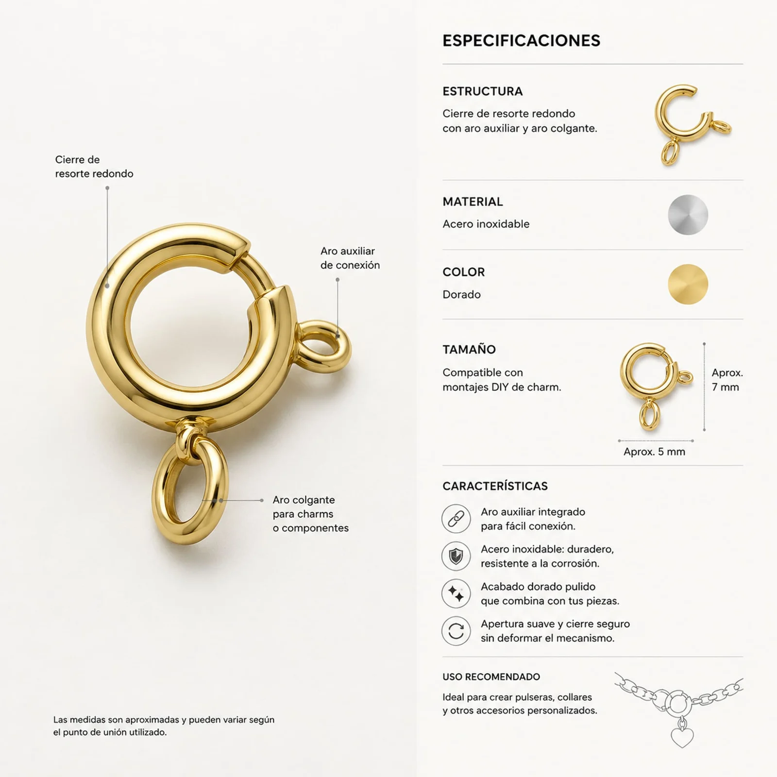 CIERRE 5MM ACERO COLOR DORADO PARA CHARM