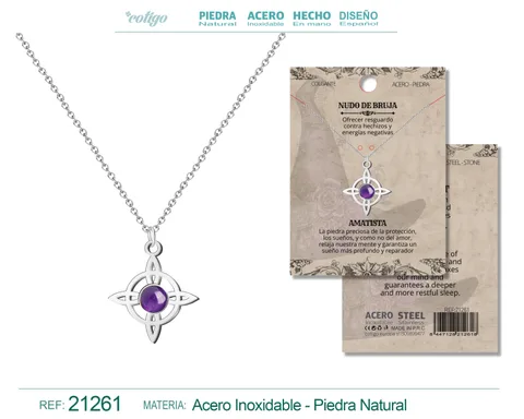 COLGANTE NUDO DE BRUJA ACERO PLATEADO CON AMATISTA