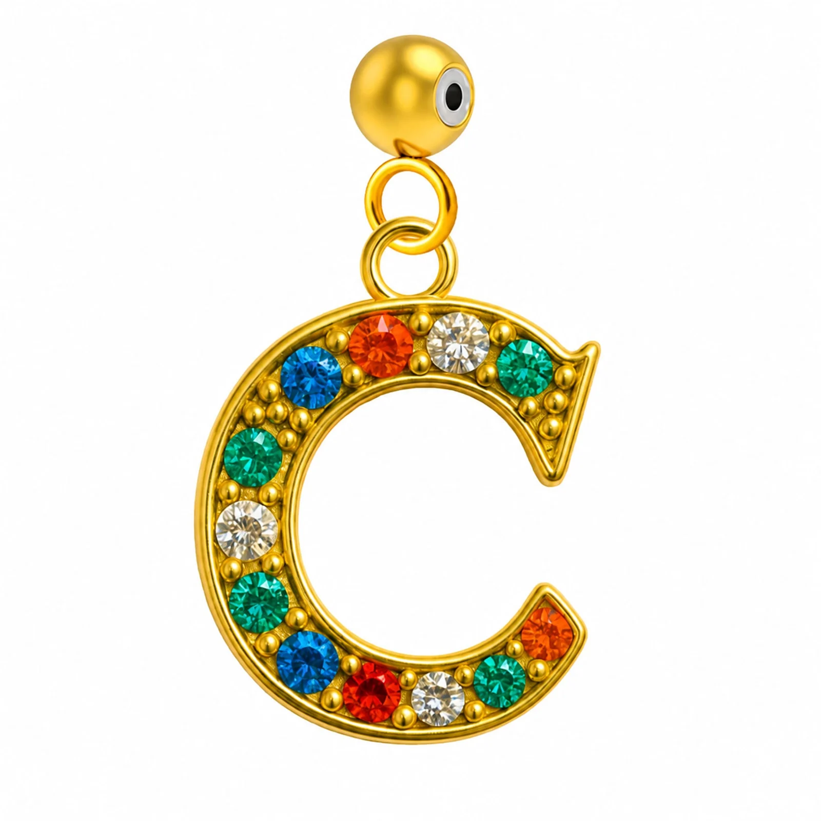CHARM DE LETRA C ACERO COLOR DORADO CON CIRCONITA-CON BOLA DE GOMA