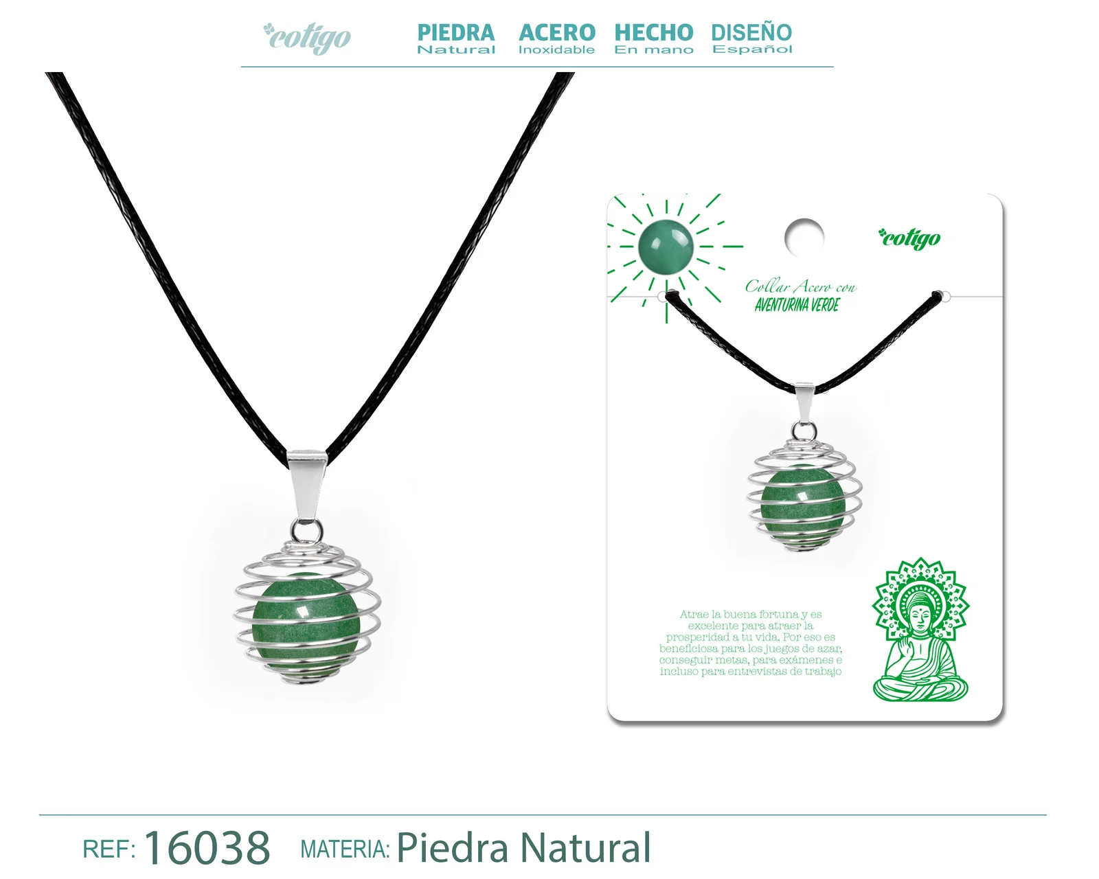 COLGANTE DE AVENTURINA VERDE 14MM CON ACESORIO DE ACERO