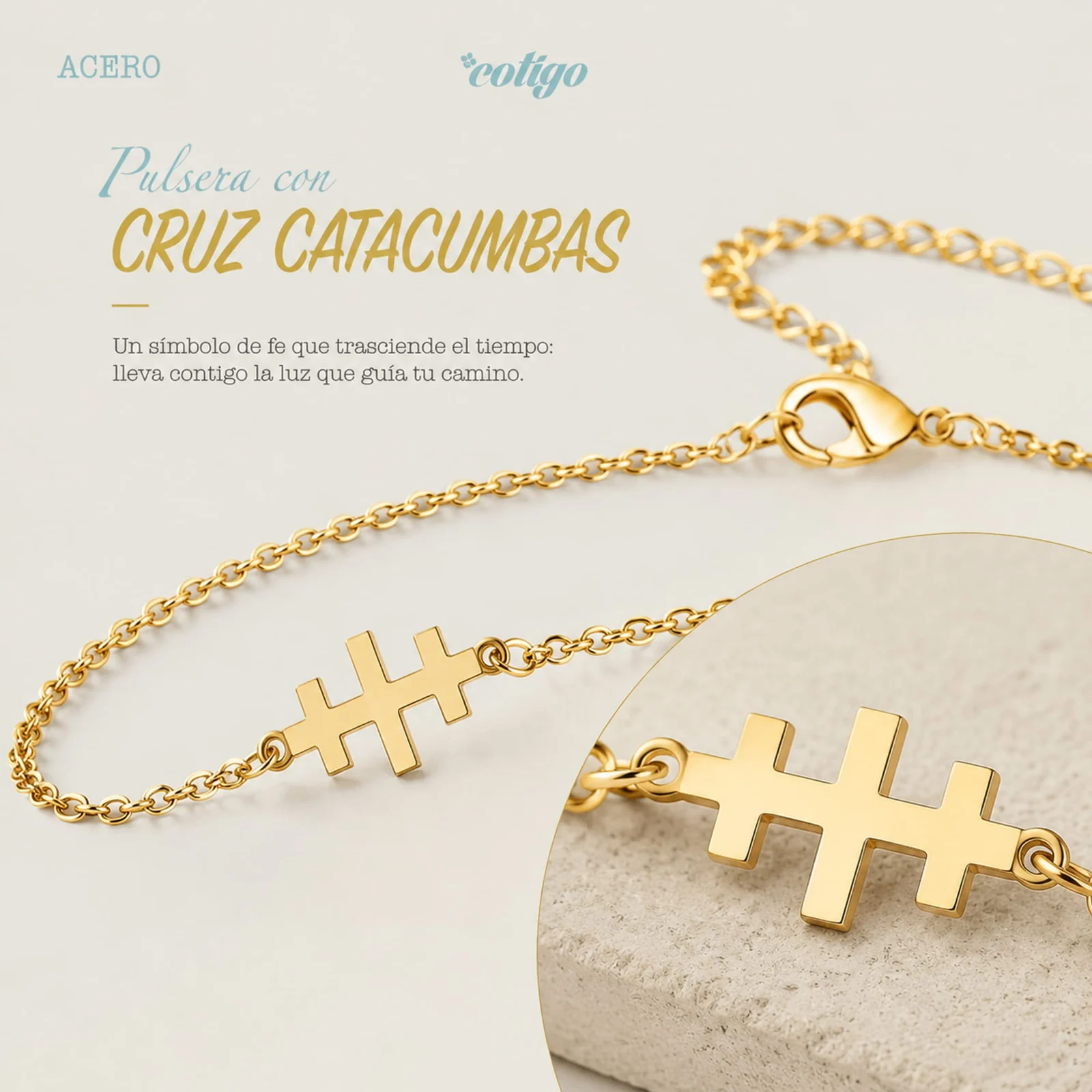 PULSERA CRUZ CATACUMBASACERO DORADO