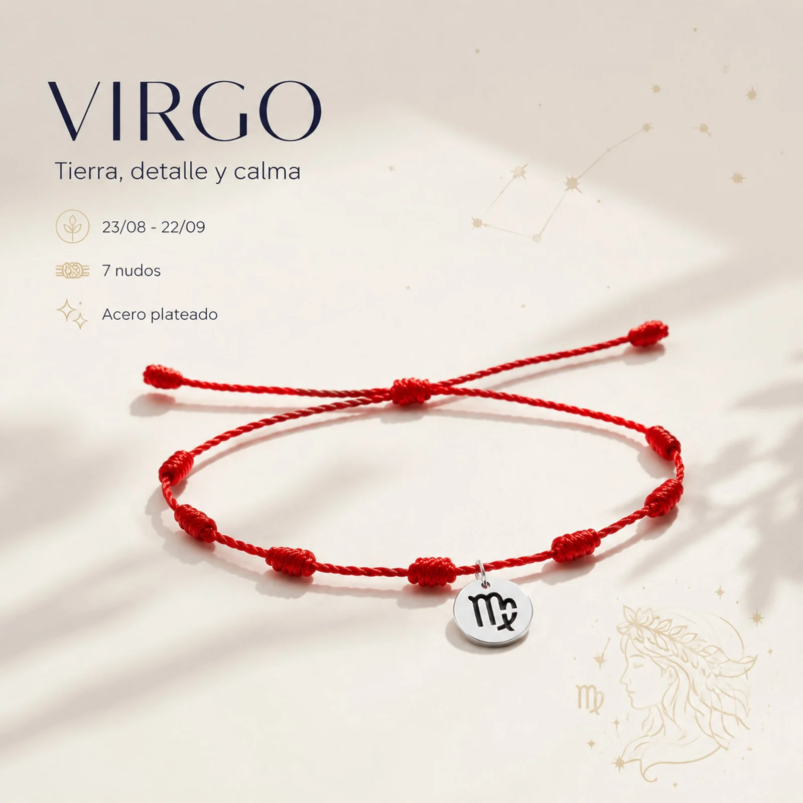 PULSERA 7 NUDOS CON VIRGO ACERO. COLOR PLATEADO