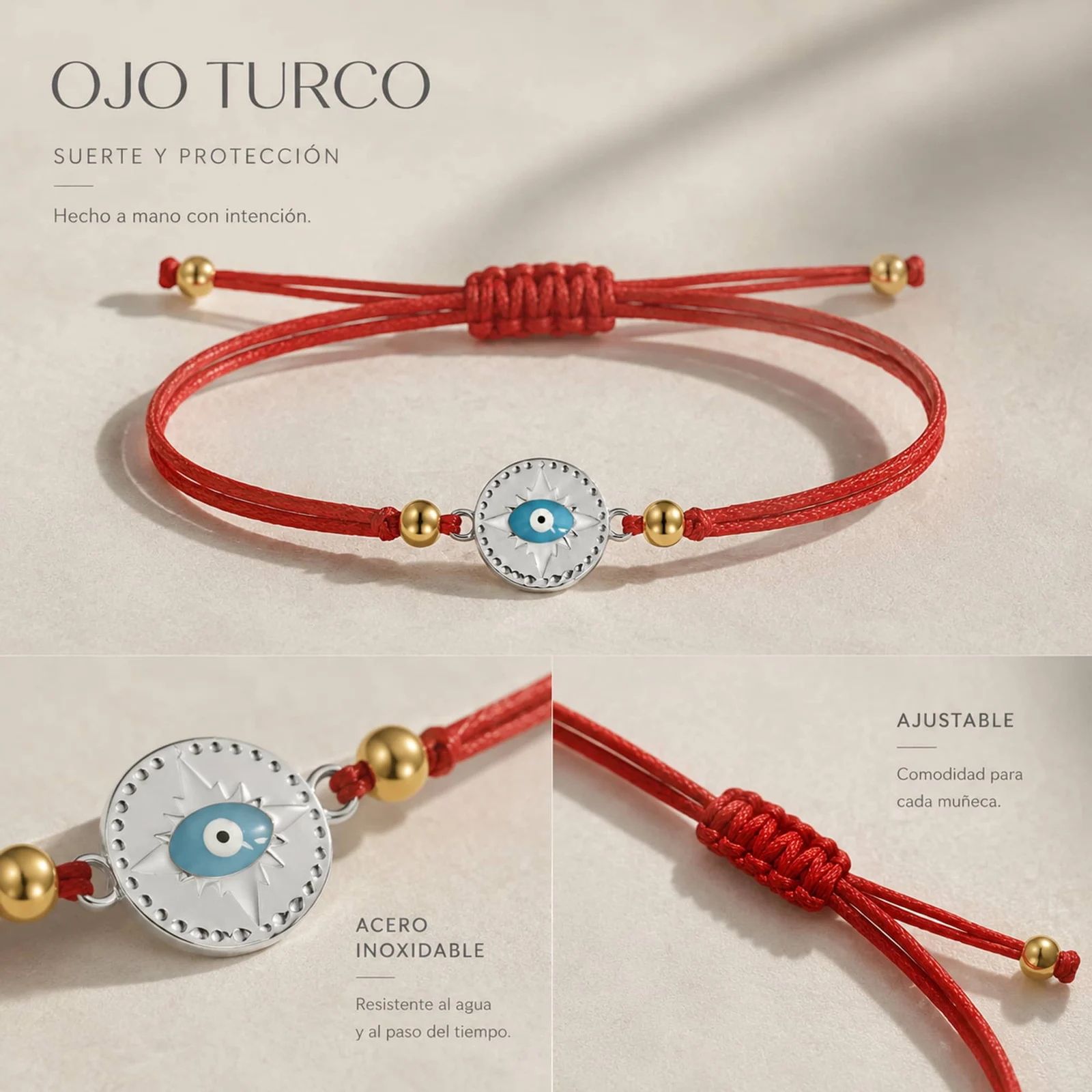 Pulsera Hilo encerado Rojo CON OJO TURCO Plateado