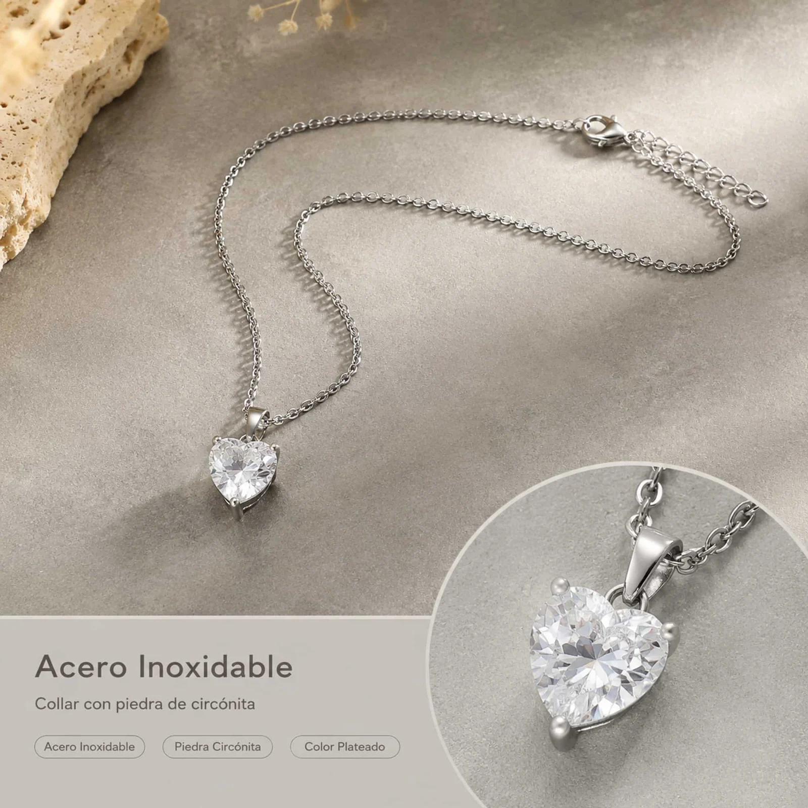 Colgangte Cobre con Circonita Colar Plateado y Cadena Acero