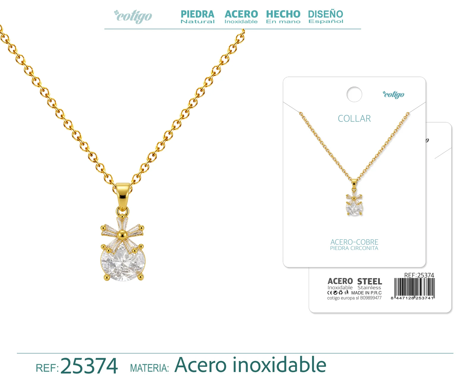 Colgangte Cobre con Circonita Colar Dorado y Cadena Acero