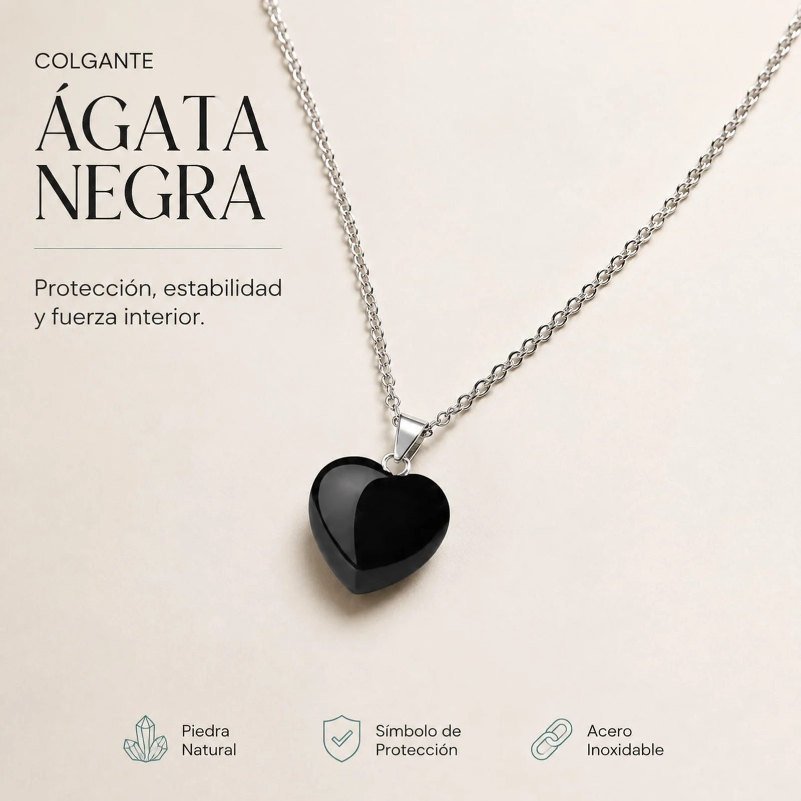 Colgante Piedra Ágata Negra con cadena Acero Inoxidable