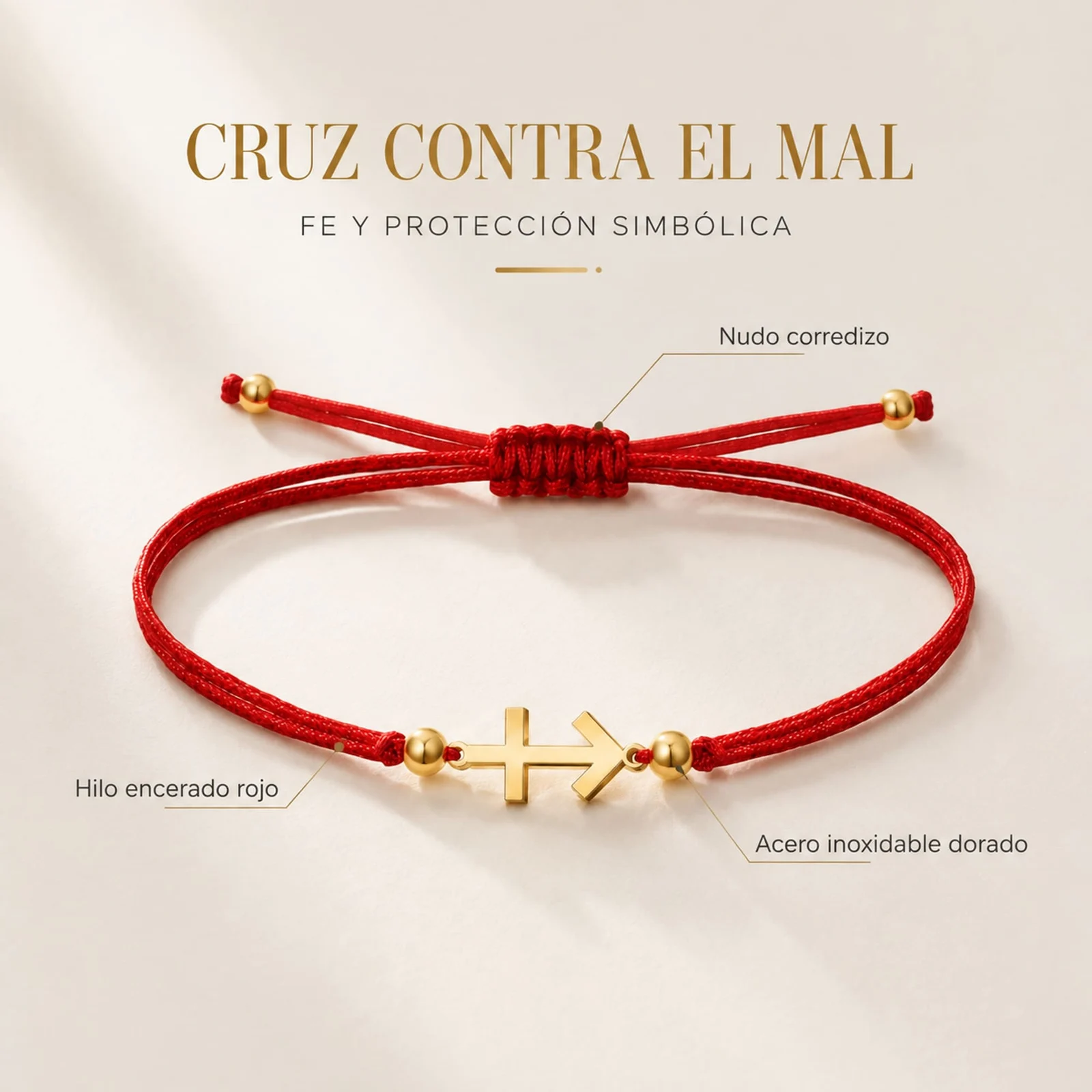 PULSERA CRUZ CONTRA EL MAL DORADO DE HILO EN.ROJO