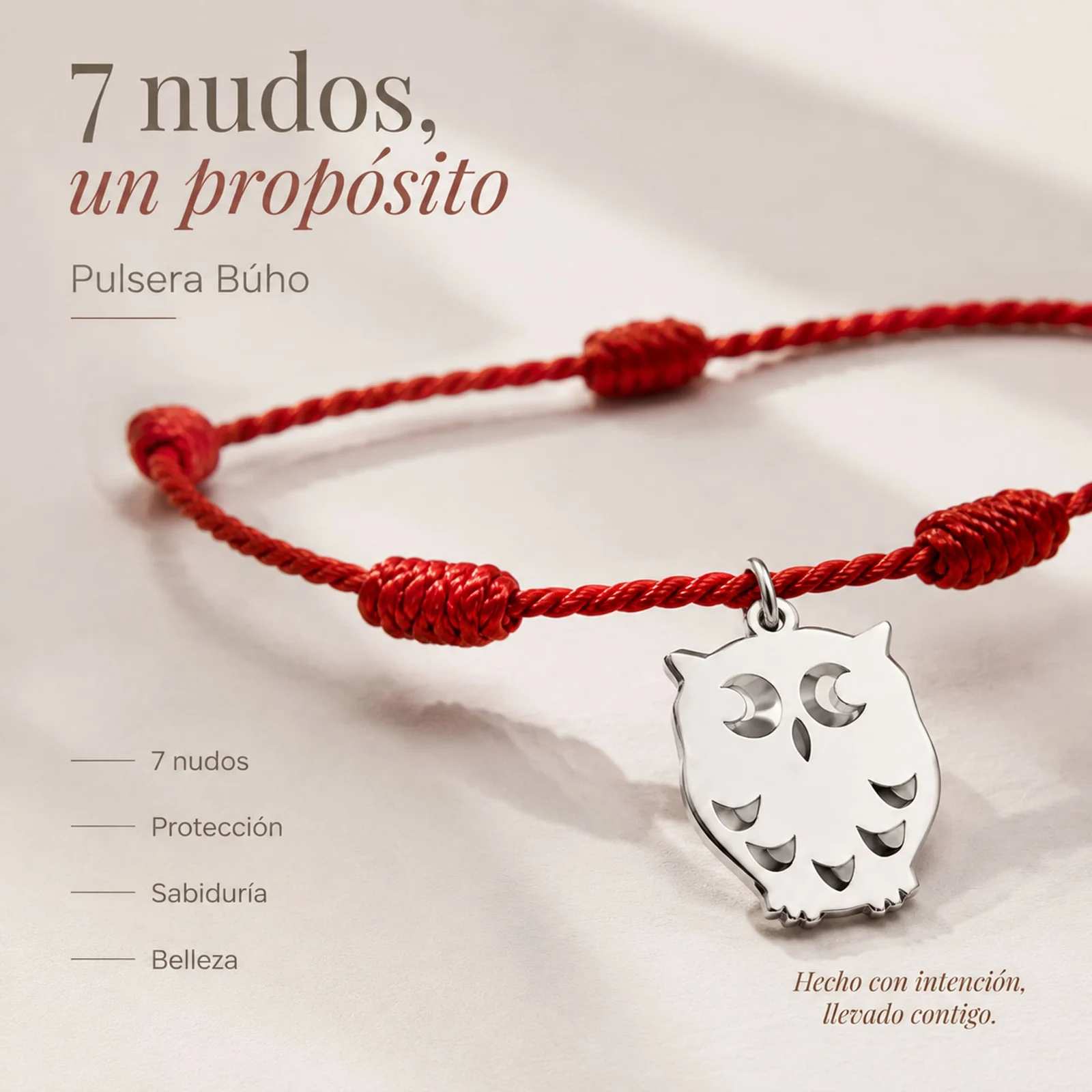 PULSERA 7 NUDOS CON BÚHO COLOR PLATEADO