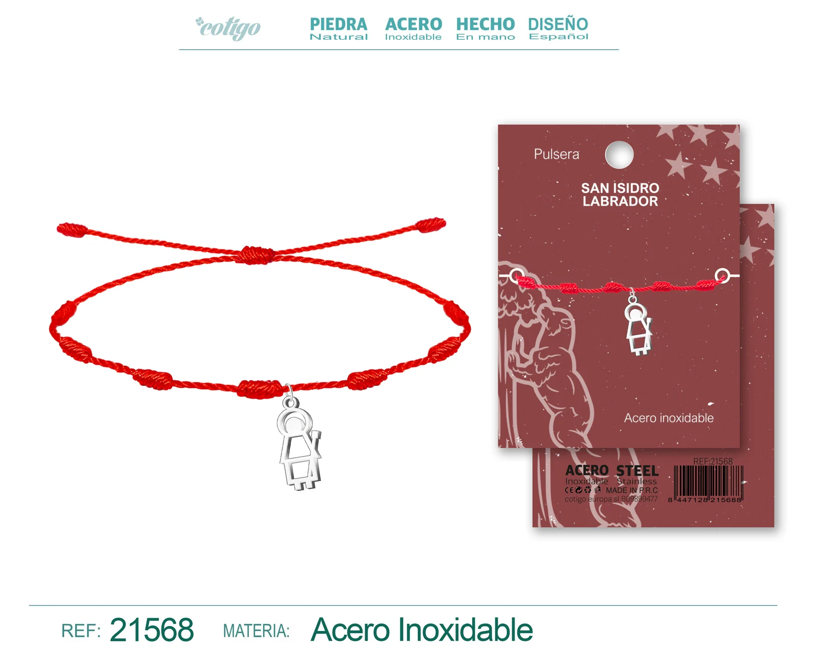PULSERA 7 NUDOS CON COLGANTE SAN ISIDRO LABRADOR ACERO PLATEADO