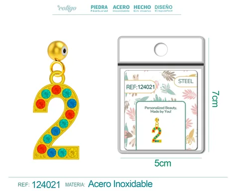CHARM DE NÚMERO 2 ACERO COLOR DORADO CON CIRCONITA-CON BOLA DE GOMA