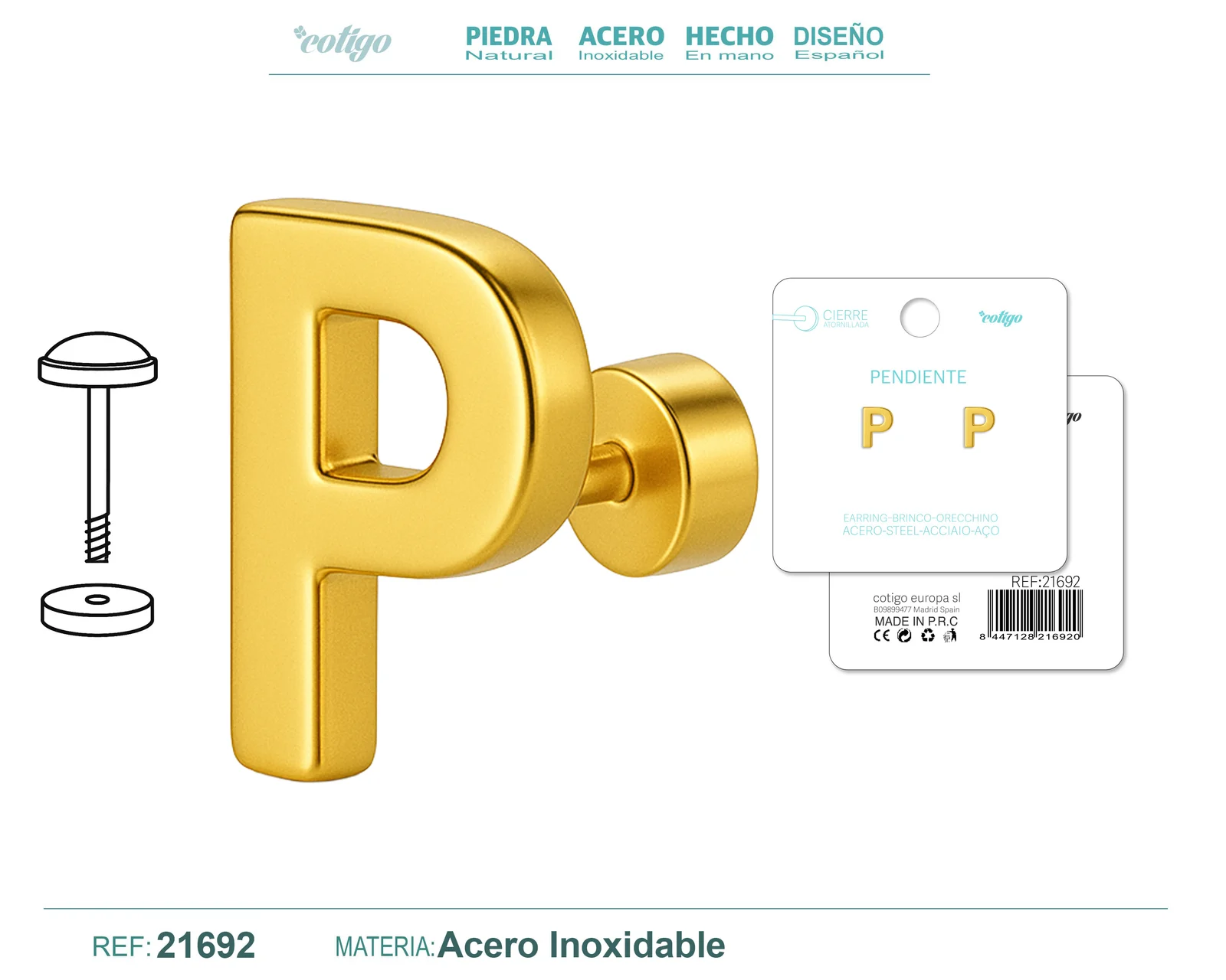PENDIENTE ACERO  LETRA P COLOR DORADO CON CIERRE ROSCA