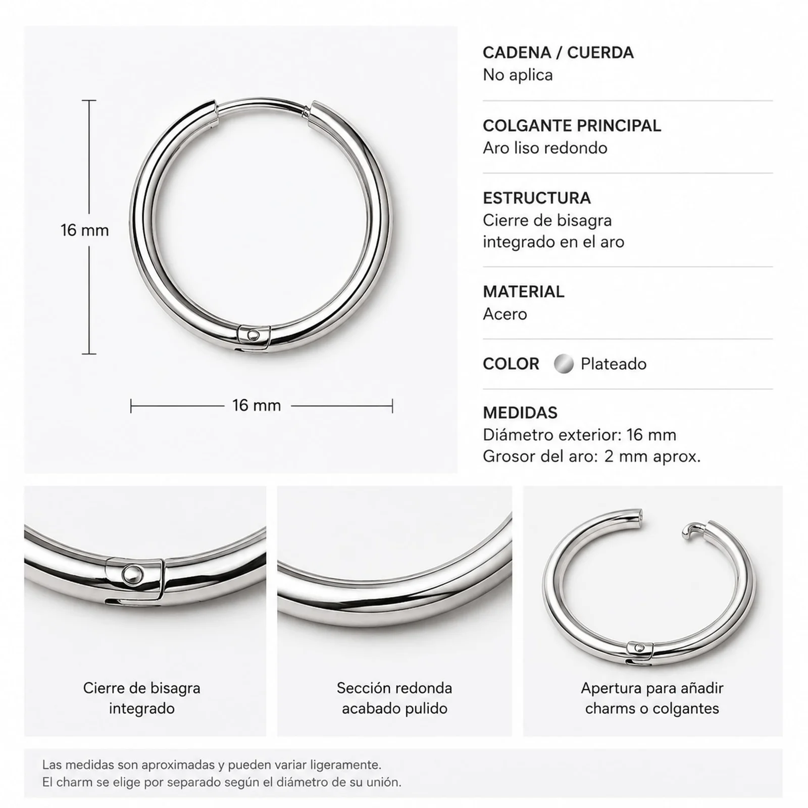 PENDIENTE DE ARO ACERO 16MM COLOR PLATEADO PARA CHARM