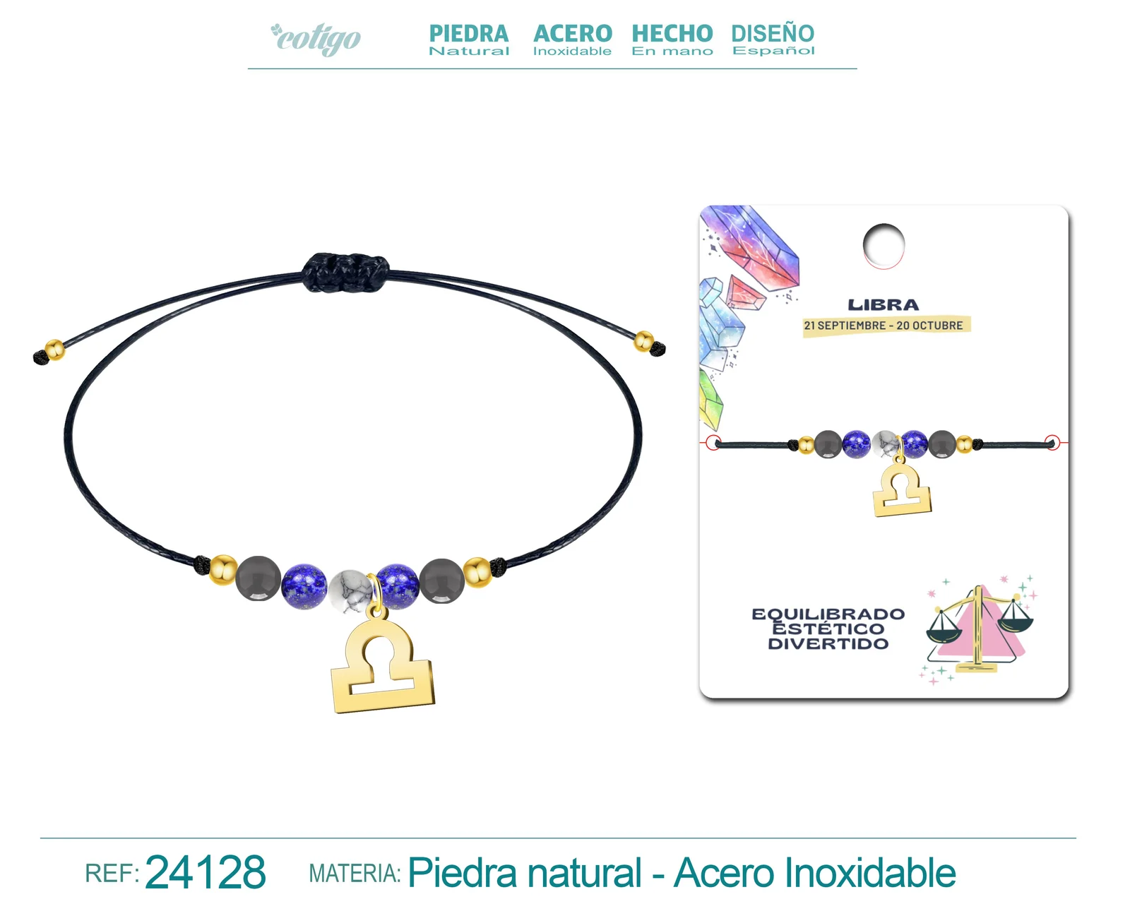 PULSERA PIEDRA NATURAL CON COLGANTE LIBRA ACERO DORADO