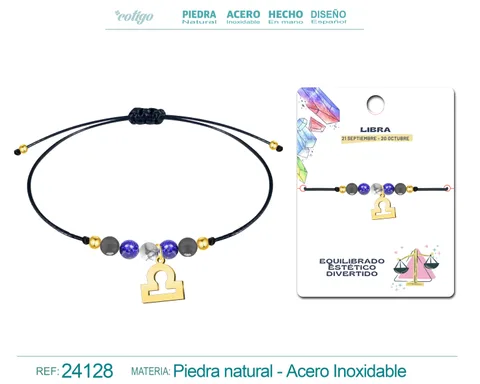 PULSERA PIEDRA NATURAL CON COLGANTE LIBRA ACERO DORADO