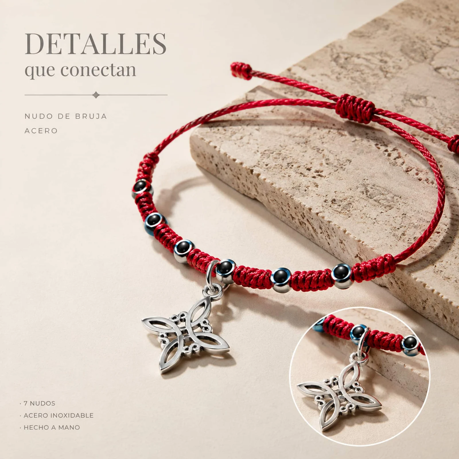 PULSERA 7 NUDOS CON OJO DE TURCO Y NUDO DE BRUJA ACERO PLATEADO
