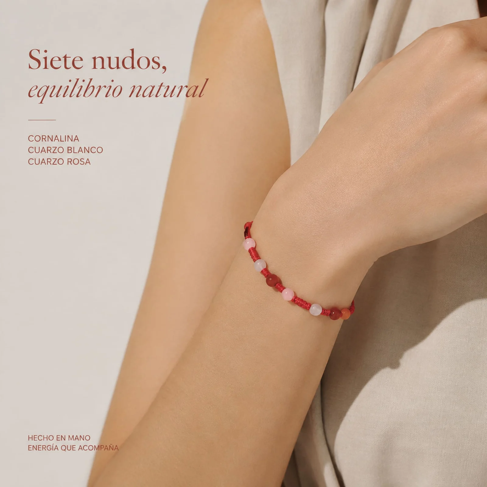 PULSERA 7 NUDOS CON  CARNEOLA+CUARZO BLANCO+CUARZO ROSA 4MM