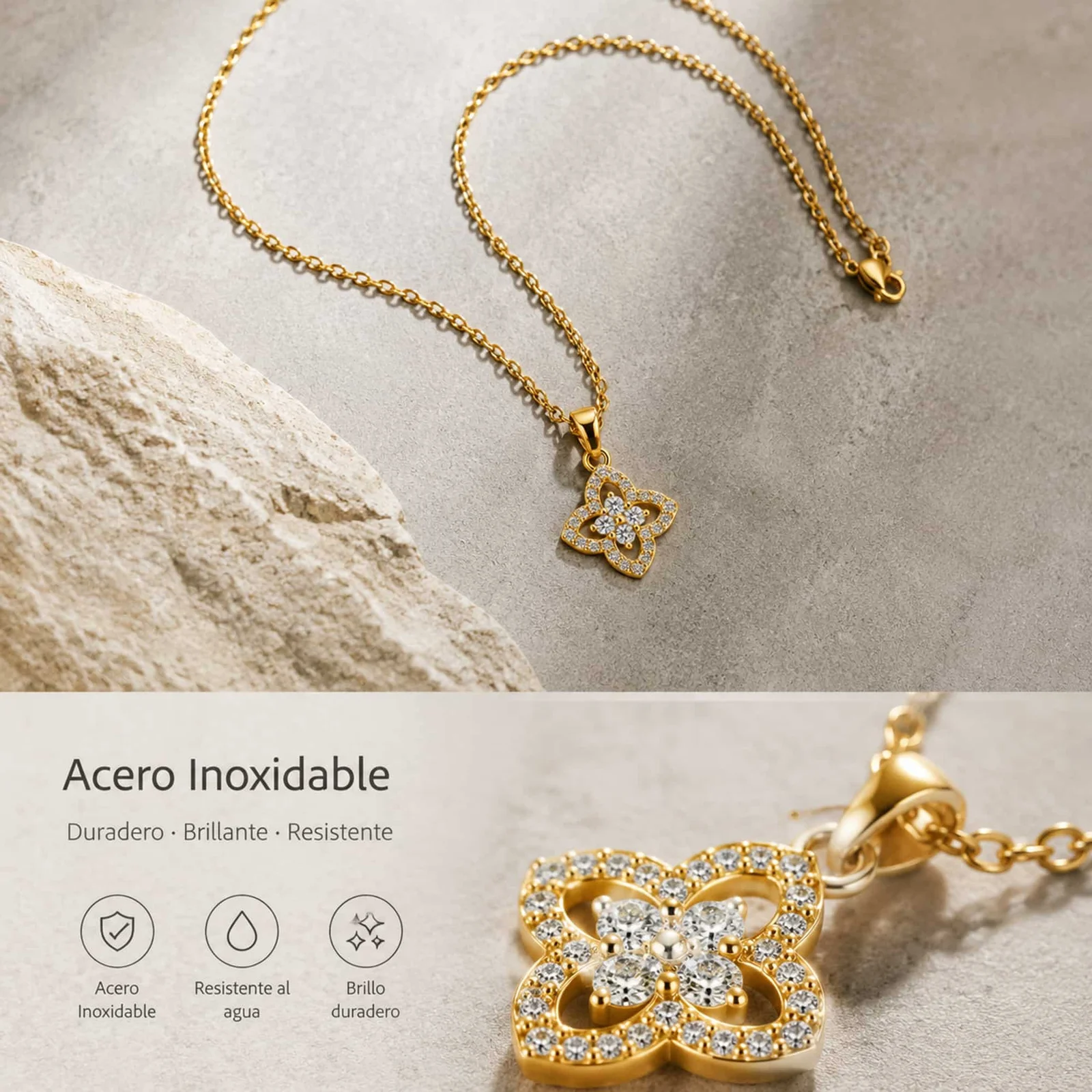 Colgangte Cobre con Circonita Colar Dorado y Cadena Acero