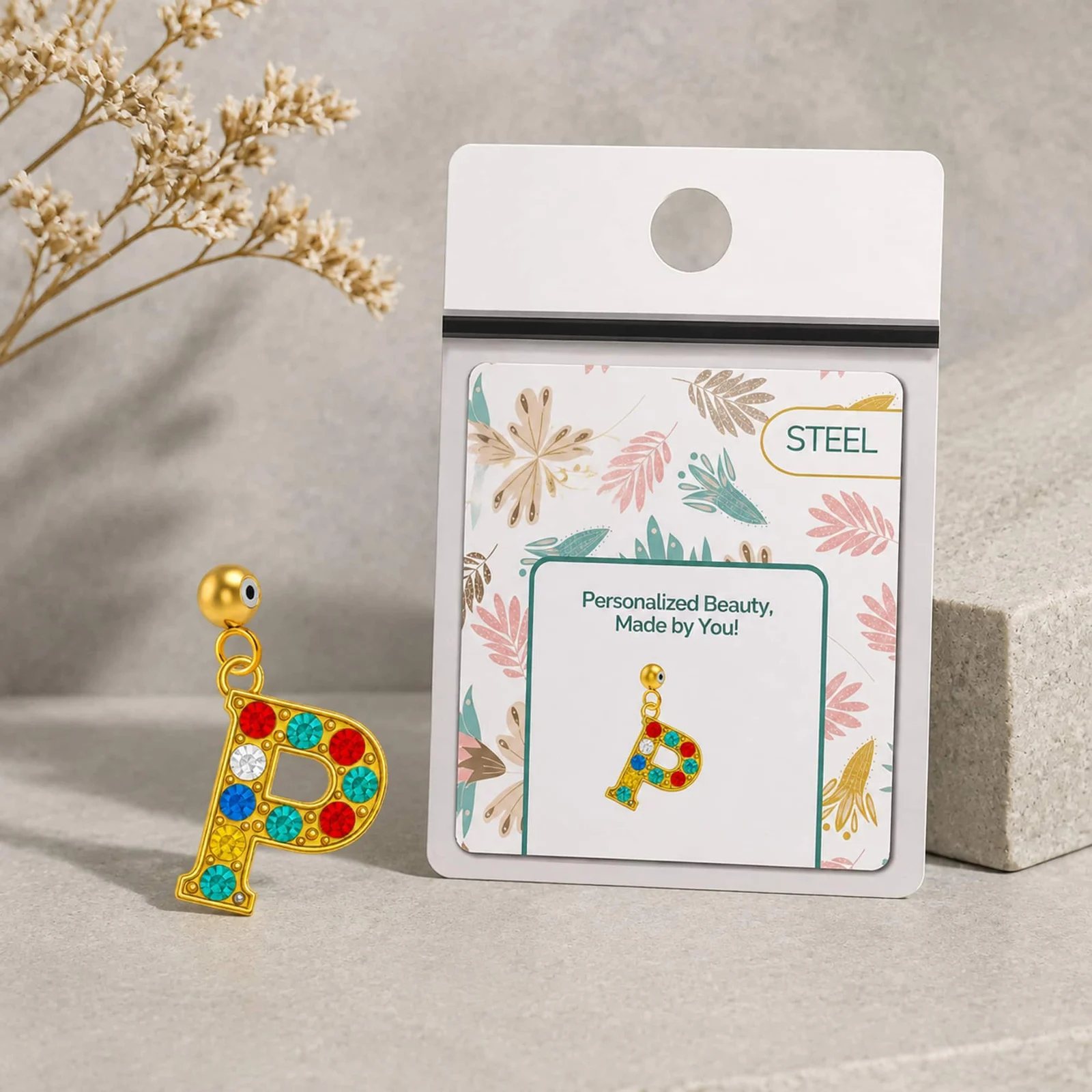 CHARM DE LETRA P ACERO COLOR DORADO CON CIRCONITA-CON BOLA DE GOMA