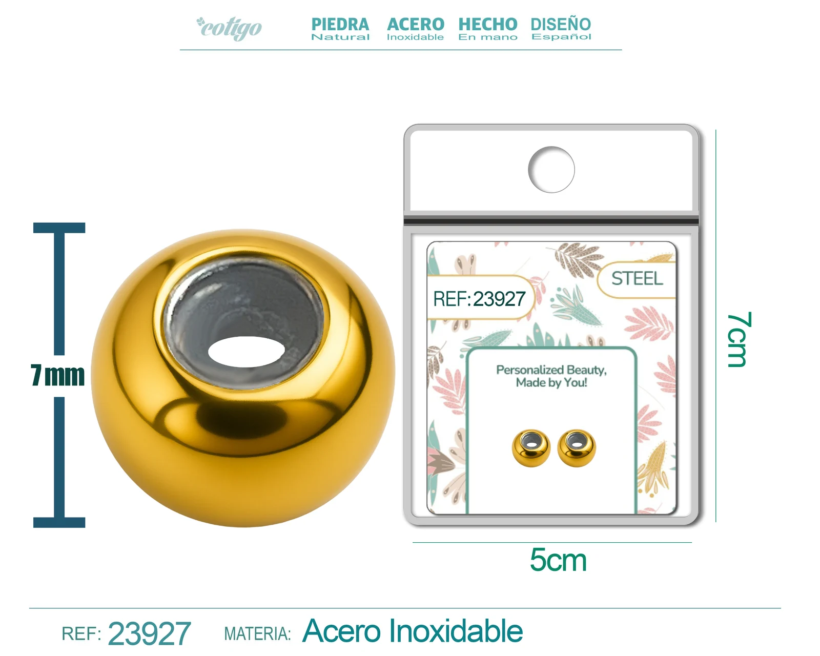 BOLA PLANO 6MM ACERO DORADO CON GOMA PARA FIJAR CHARM EN CADENA DE SERPIENTE