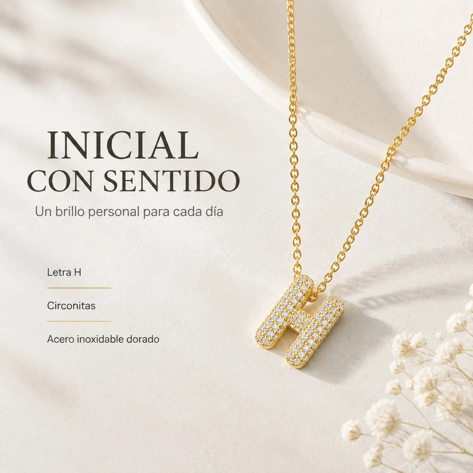 COLLAR LETRA H CON CIRCONITA  ACERO COLOR DORADO