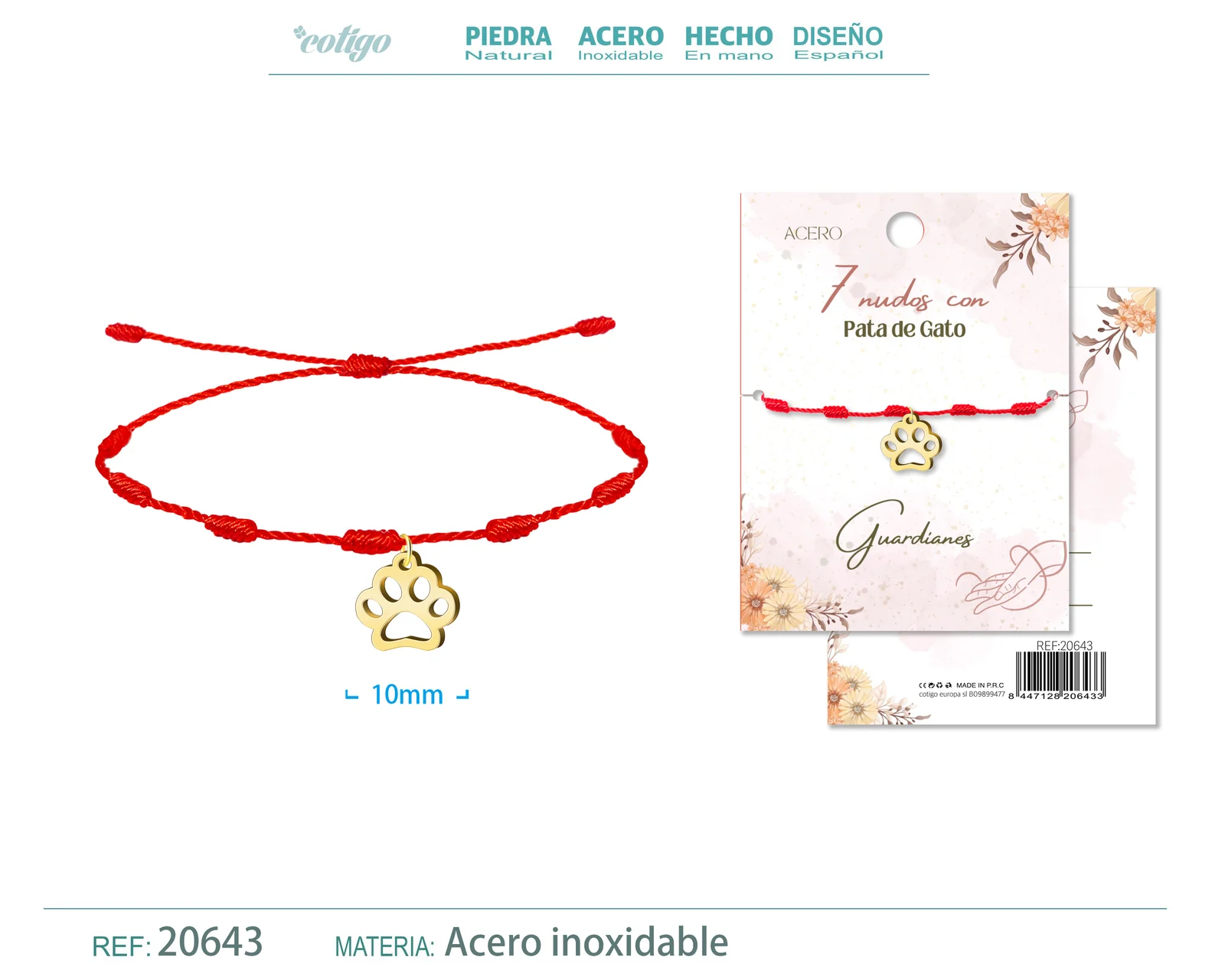 PULSERA 7 NUDOS CON PATA DE GATO COLOR DORADO