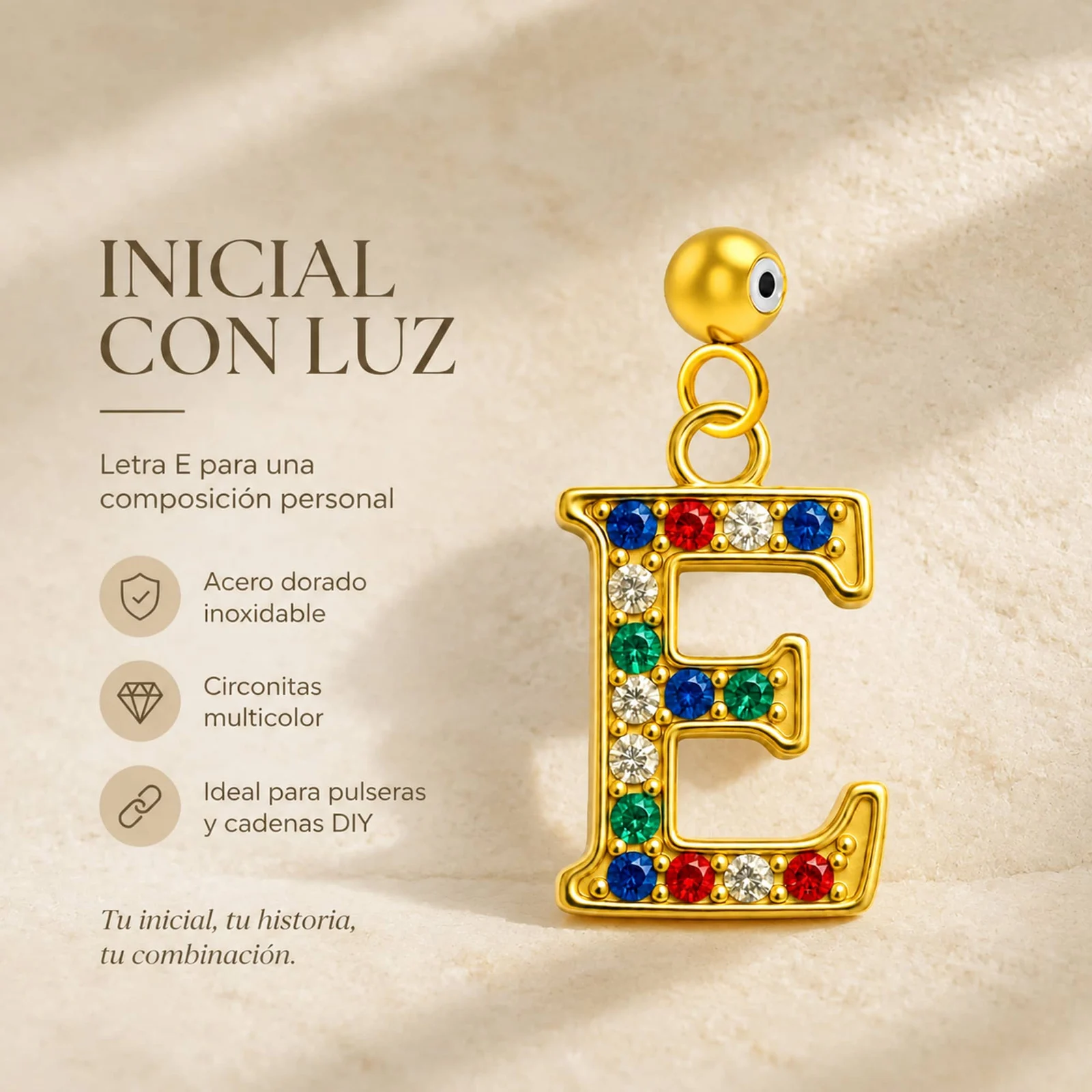 CHARM DE LETRA E ACERO COLOR DORADO CON CIRCONITA-CON BOLA DE GOMA